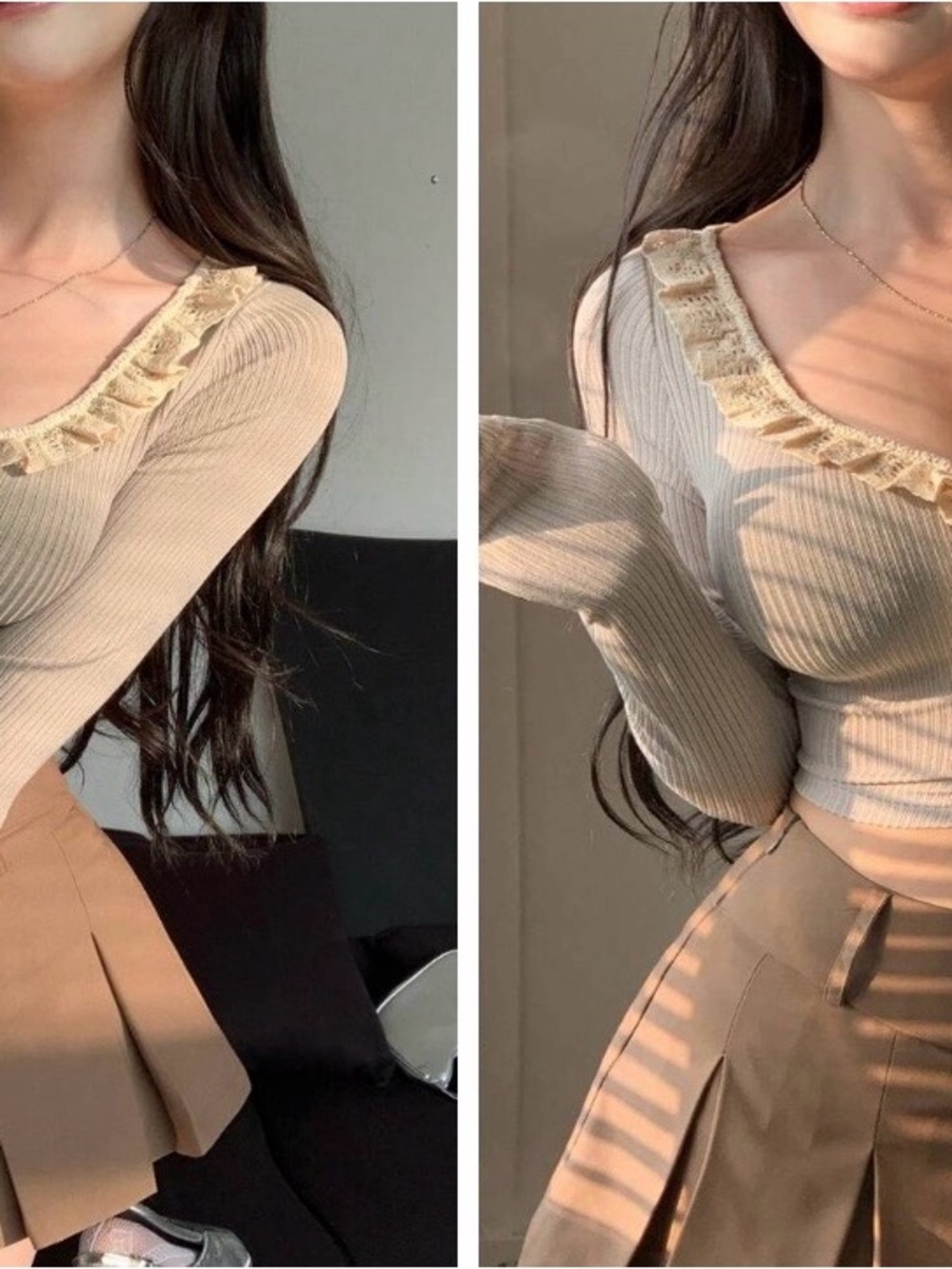 Cream Ribbed Ruffle-Trim Long Sleeve Crop Top - Picture 10 of 10